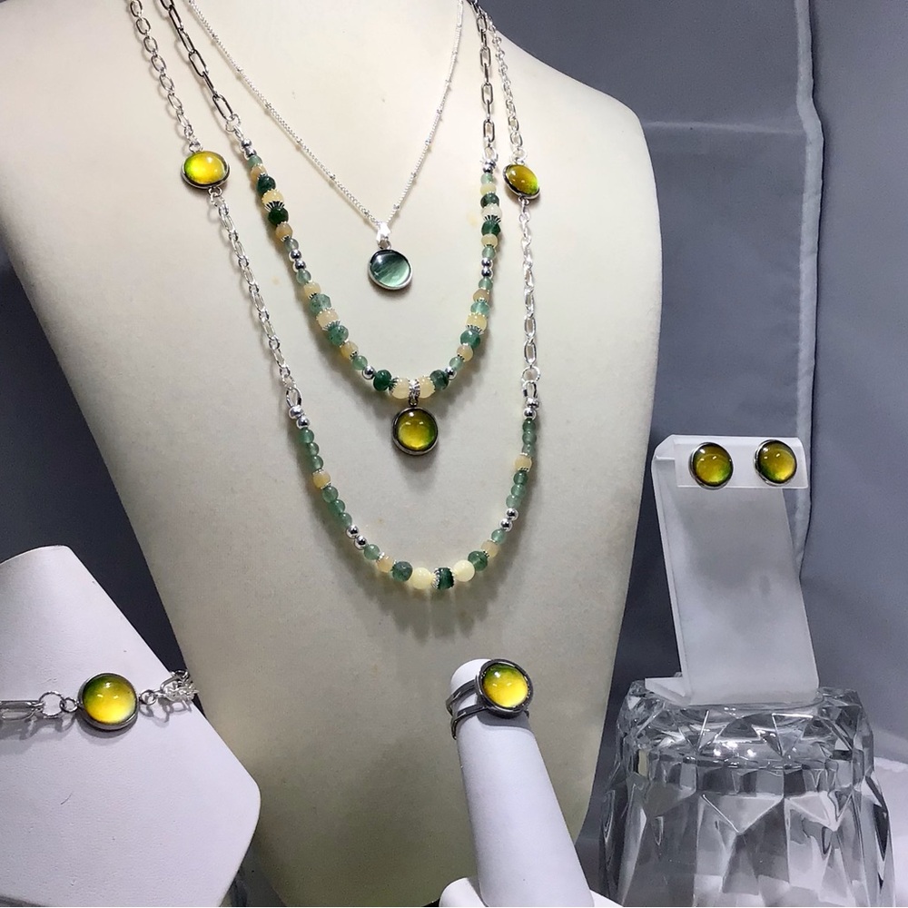 Handmade Pop of Color 3 Piece Necklace Set-Glass Cabochon-Gemstone-Aventurine